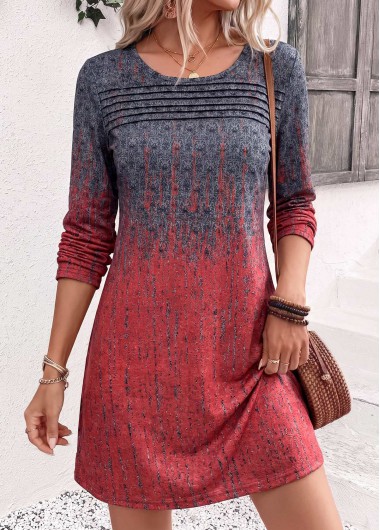 women clothes image of Red Ombre Short Tuck Stitch Long Sleeve Dress
