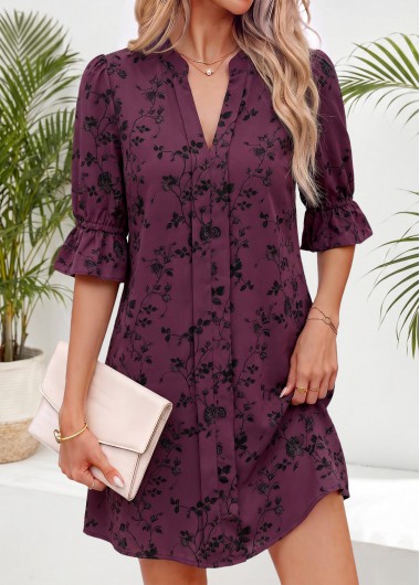women clothes image of Dark Reddish Purple Floral Print Short Tummy Coverage Dress