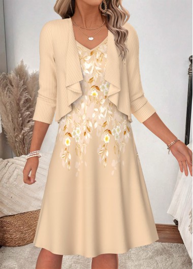 women clothes image of Beige Floral Print Two-piece Long Sleeve Dress and Cardigan