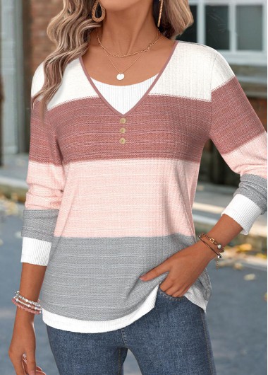 women clothes image of Multi Color Geometric Print Patchwork Long Sleeve T Shirt