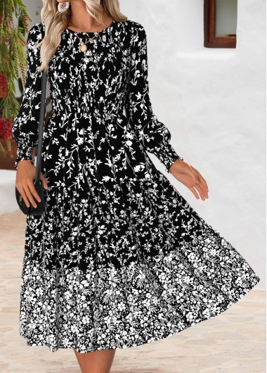 women clothes image of Black Floral Print Wrap Long Sleeve Round Neck Dress