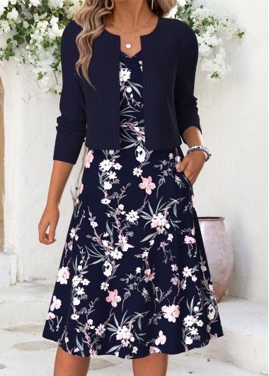 women clothes image of Navy Floral Print Double Side Pockets Long Sleeve Dress
