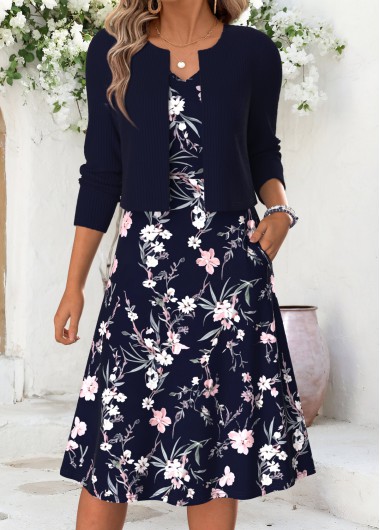 women clothes image of Navy Floral Print Double Side Pockets Long Sleeve Dress