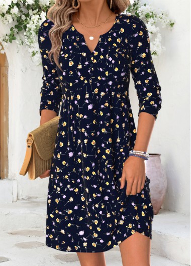 women clothes image of Navy Ditsy Floral Print Short Tummy Coverage Dress