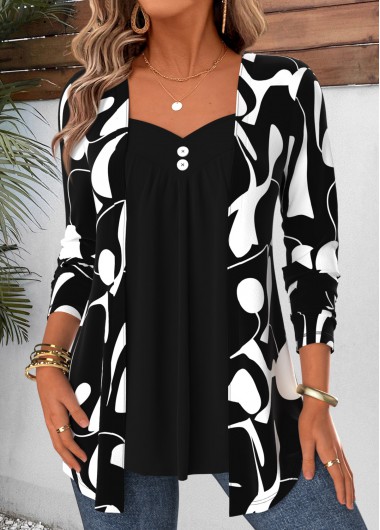 women clothes image of Black Geometric Print Long Sleeve Fake Two Piece Twinset