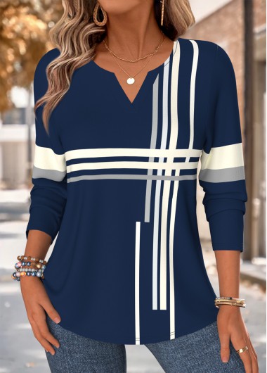 women clothes image of Navy Geometric Print Curved Hem Long Sleeve T Shirt