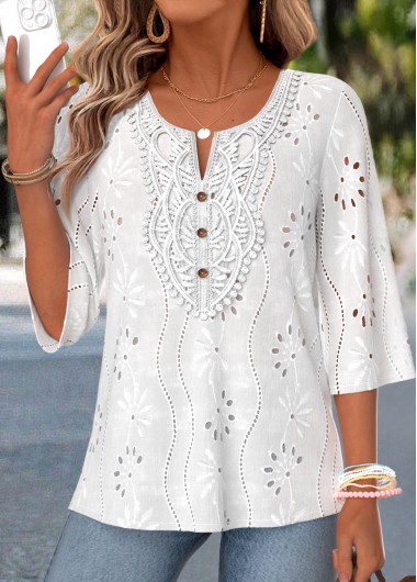women clothes image of White Patchwork 3/4 Sleeve Split Neck T Shirt