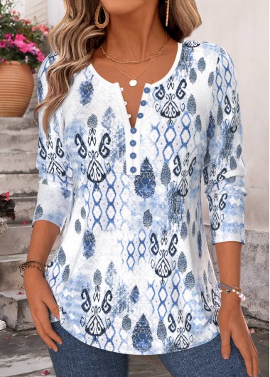 women clothes image of Light Blue Tribal Print Curved Hem T Shirt