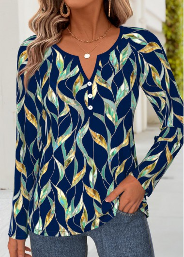 women clothes image of Navy Floral Print Curved Hem Long Sleeve T Shirt