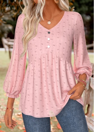 women clothes image of Light Pink Ditsy Floral Print Shirred 3/4 Sleeve Blouse