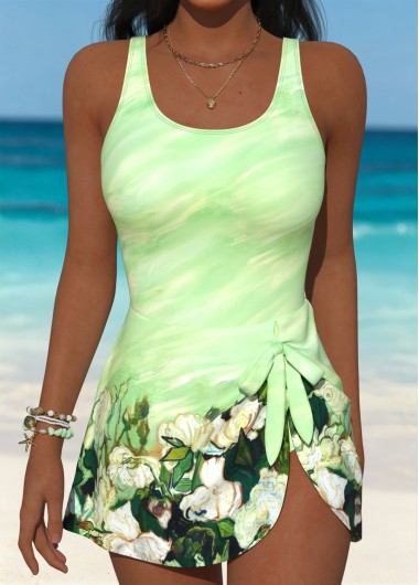 women clothes image of Mint Green Adjustable Tie Floral Print One Piece Swimdress