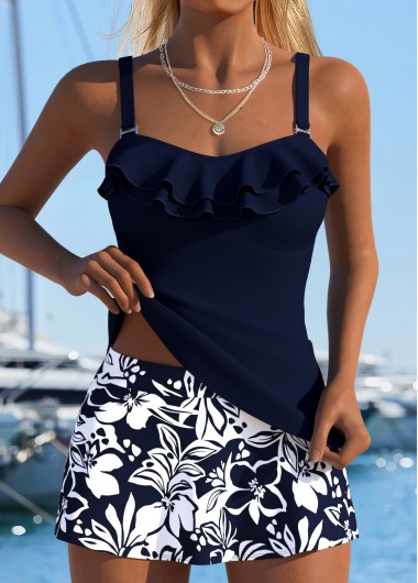 women clothes image of Navy Mid Waisted Two-piece Floral Print Tankini Set