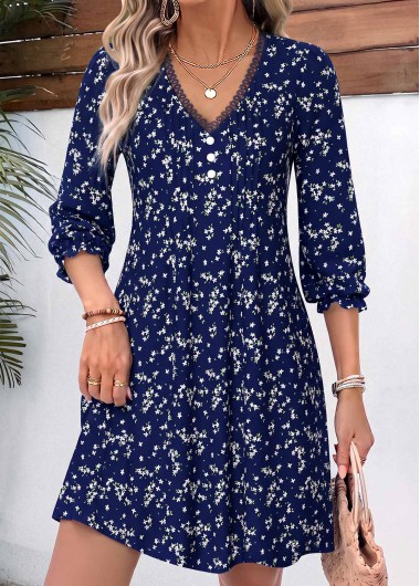 women clothes image of Navy Ditsy Floral Print Short Tuck Stitch Dress