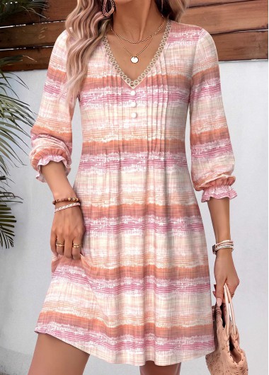 women clothes image of Pink Multi Stripe Print Short Tuck Stitch Dress