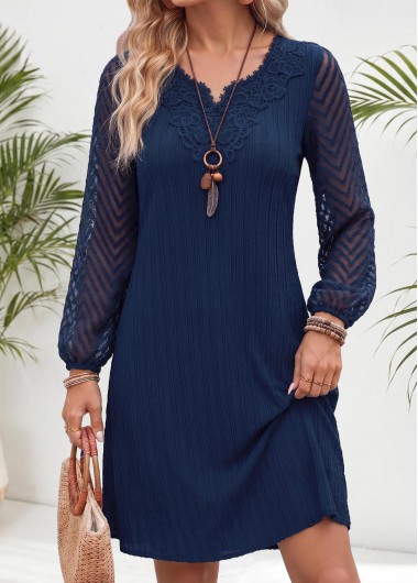women clothes image of Navy Short Patchwork Long Sleeve Split Neck Dress