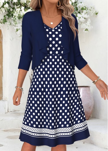 women clothes image of Navy Polka Dot Two-piece Long Sleeve Dress and Cardigan