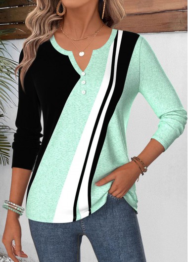women clothes image of Green Geometric Print Curved Hem Long Sleeve T Shirt