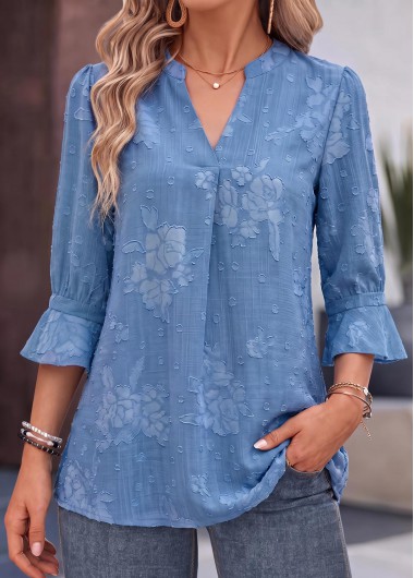 women clothes image of Denim Blue Floral Print Curved Hem 3/4 Sleeve Blouse