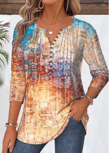 women clothes image of Multi Color Tribal Print Tuck Stitch T Shirt