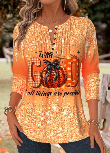 women clothes image of Halloween Orange Tuck Stitch Long Sleeve T Shirt