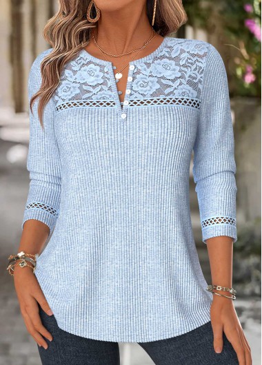 women clothes image of Blue Patchwork Long Sleeve Split Neck T Shirt