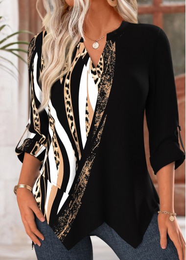 women clothes image of Black Leopard Handkerchief Hem 3/4 Sleeve Split Neck Blouse