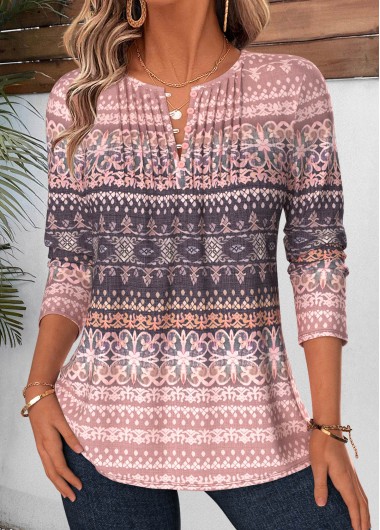 women clothes image of Pink Tribal Print Tuck Stitch Long Sleeve T Shirt