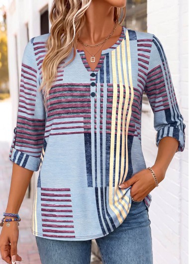 women clothes image of Multi Color Geometric Print Button 3/4 Sleeve Blouse