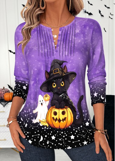 women clothes image of Halloween Purple Tuck Stitch Long Sleeve T Shirt