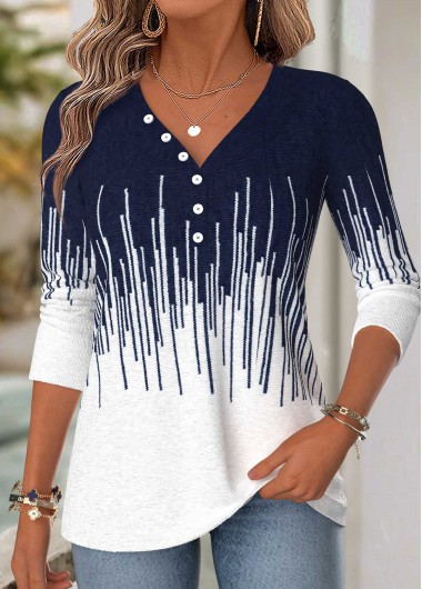women clothes image of Navy Geometric Print Curved Hem Long Sleeve T Shirt