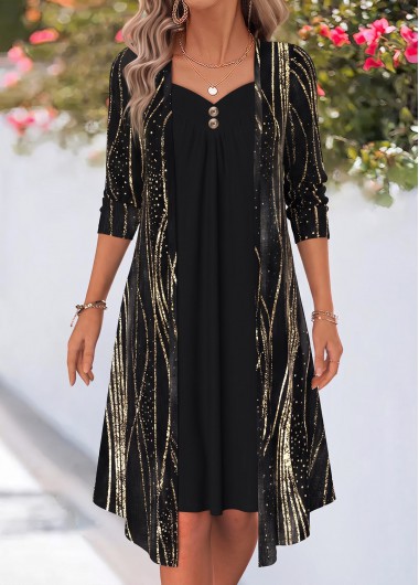 women clothes image of Black Wave Pattern Print Patchwork Long Sleeve Dress