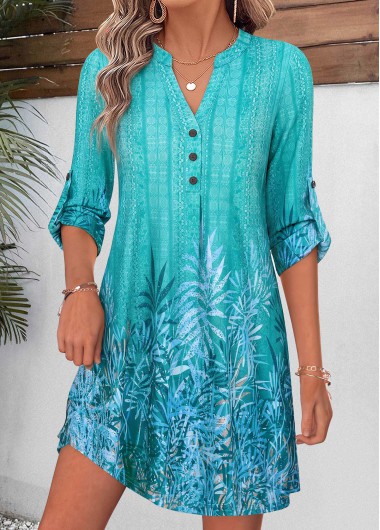 women clothes image of Turquoise Leaf Print Short Tummy Coverage Long Sleeve Dress