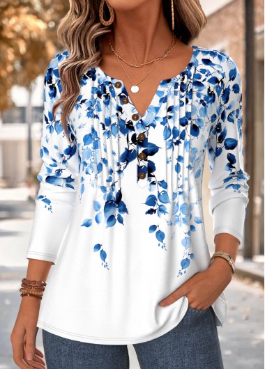 women clothes image of Blue Floral Print Tuck Stitch Long Sleeve T Shirt