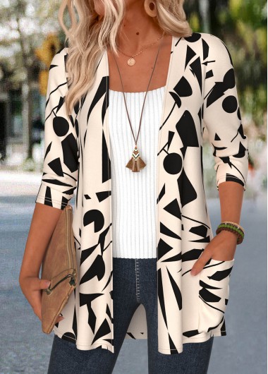 women clothes image of Multi Color Geometric Print Patch Pocket Light Cardigan