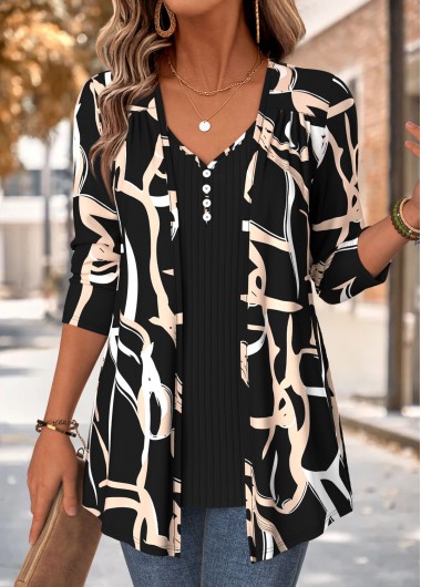 women clothes image of Black Geometric Print Long Sleeve Fake Two Piece Twinset
