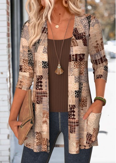 women clothes image of Multi Color Tribal Print Patch Pocket Light Cardigan
