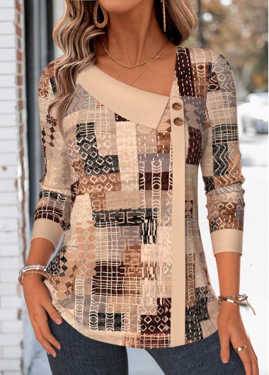 women clothes image of Multi Color Tribal Print Asymmetry Long Sleeve T Shirt