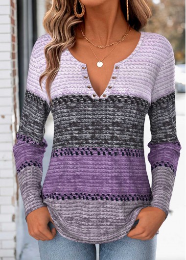women clothes image of Purple Striped Eyelet Long Sleeve Split Neck T Shirt