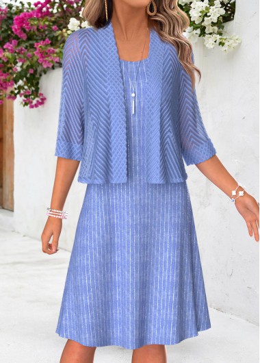 women clothes image of Denim Blue Two-piece Half Sleeve Dress and Cardigan