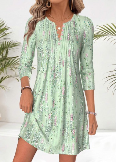 women clothes image of Sage Green Geometric Print Short Tuck Stitch Dress