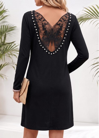 women clothes image of Black Short Tummy Coverage Long Sleeve Round Neck Dress