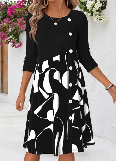 women clothes image of Black Geometric Print Patchwork Long Sleeve Round Neck Dress