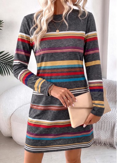 women clothes image of Multi Color Short Long Sleeve Round Neck Dress