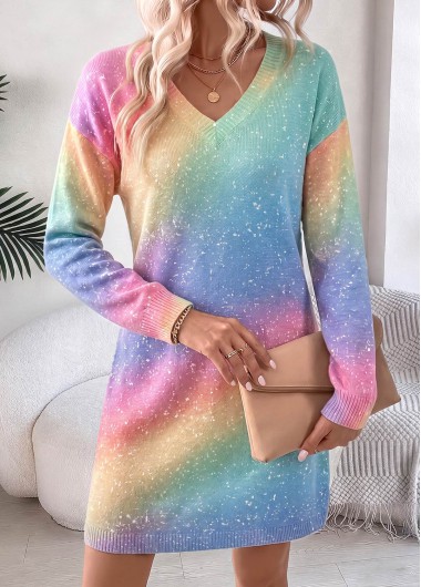 women clothes image of Rainbow Color Short Long Sleeve V Neck Dress