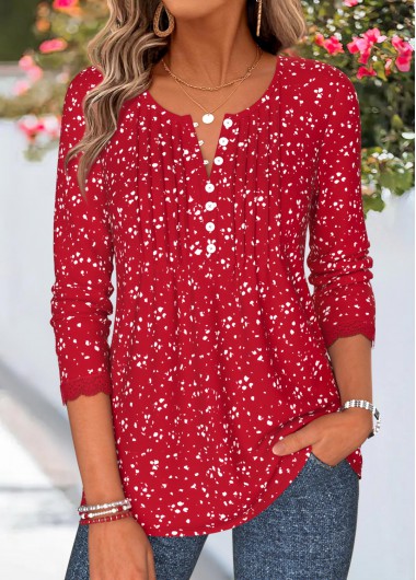 women clothes image of Red Geometric Print Patchwork Long Sleeve T Shirt