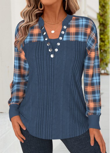 women clothes image of Dusty Blue Plaid Fake 2in1 Long Sleeve Sweatshirt