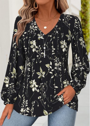 women clothes image of Black Floral Print Curved Hem Long Sleeve Blouse