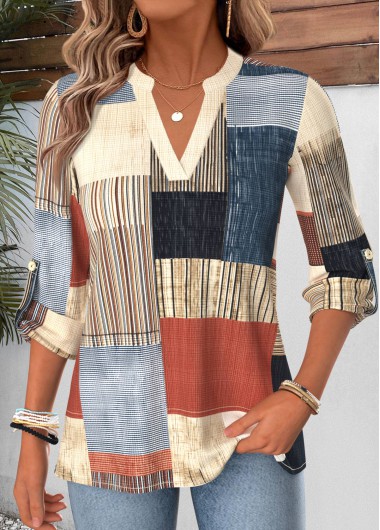 women clothes image of Multi Color Geometric Print Button Long Sleeve Blouse