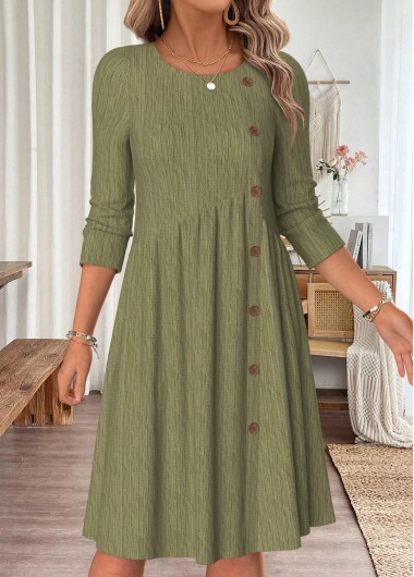 women clothes image of Olive Green Asymmetry Long Sleeve Round Neck Dress
