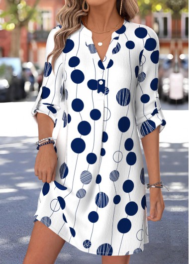 women clothes image of White Geometric Print Short Tummy Coverage Long Sleeve Dress